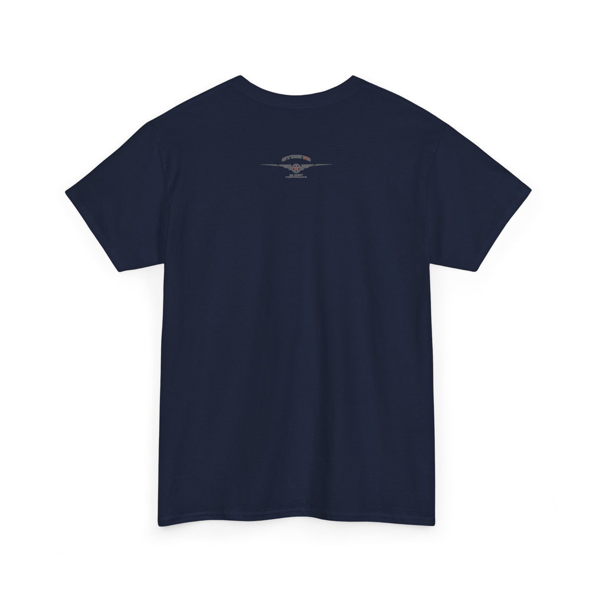 A navy blue short-sleeve crewneck t-shirt shown from the back, laid flat against a solid white background.