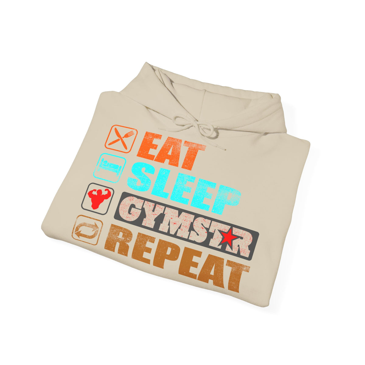 A folded beige hoodie on a white background, featuring a colorful graphic print that reads 'EAT SLEEP GYMSTAR REPEAT' with fitness-themed icons.
