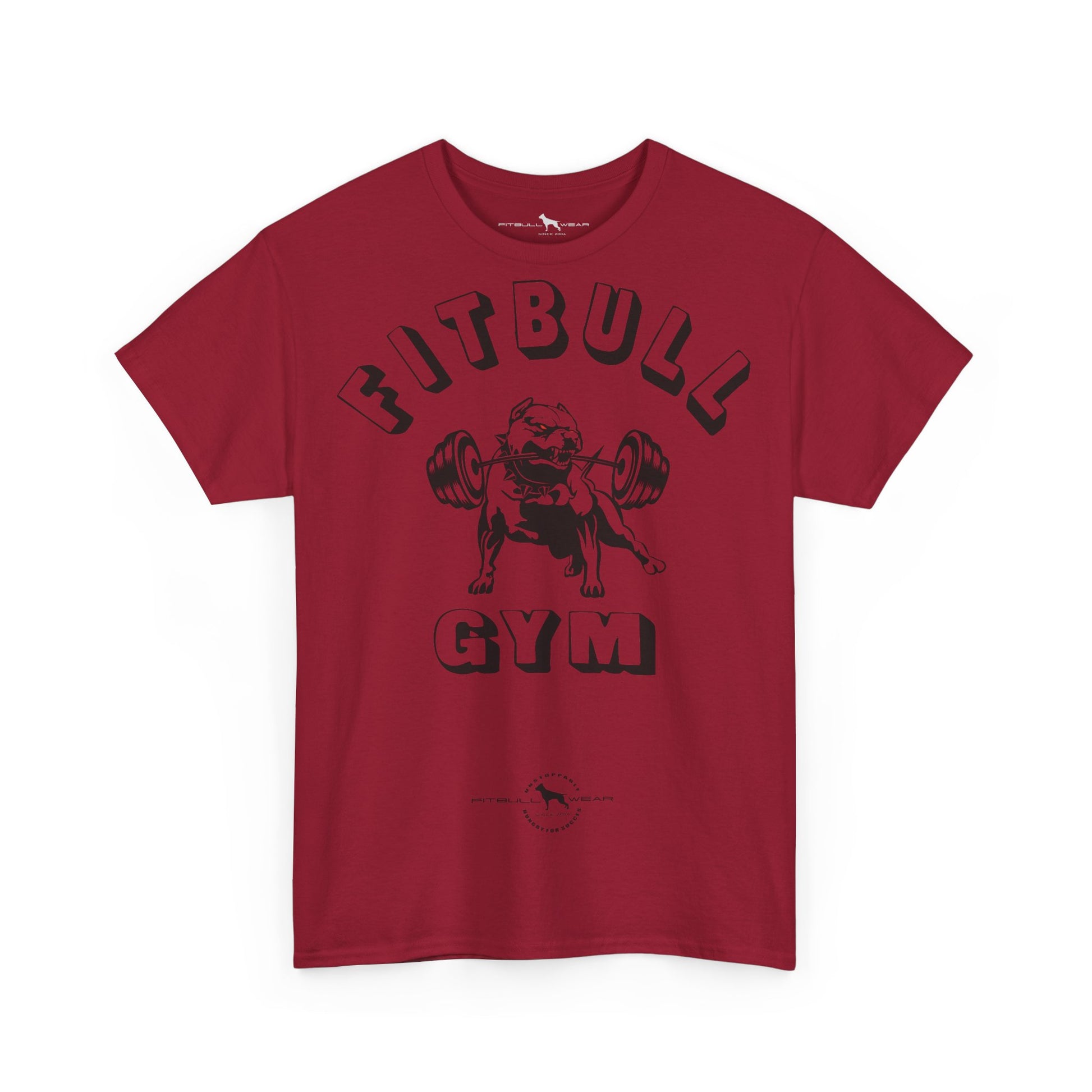 Red fitness t-shirt with 'Fitbull Gym' graphic on a white background