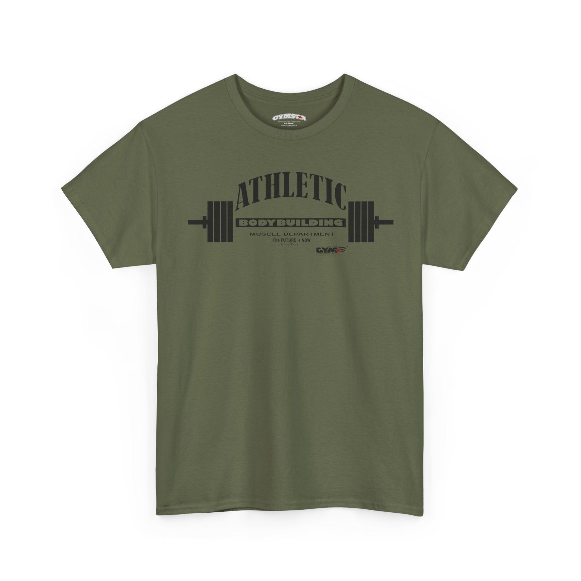 Green Gymsatr t-shirt with 'Athletic Bodybuilding' graphic on a white background