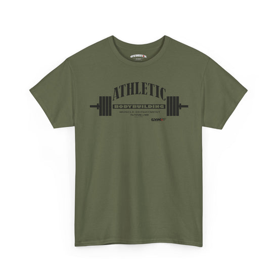 Green Gymsatr t-shirt with 'Athletic Bodybuilding' graphic on a white background