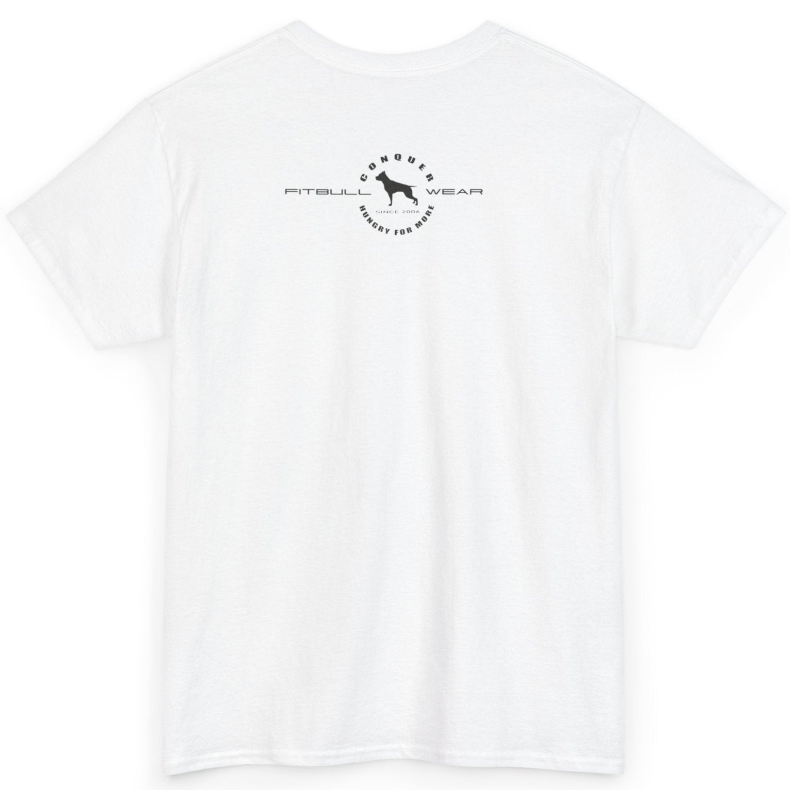 White t-shirt with a black logo on the back against a white background