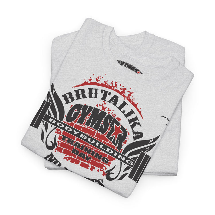 A folded light gray heather t-shirt with a bold graphic print on the front. The graphic features the text 'BRUTALIKA CYMSTAR BODYBUILDING TRAINING DAY' in black and red, with wing-like illustrations on the sides, set against a plain white background.