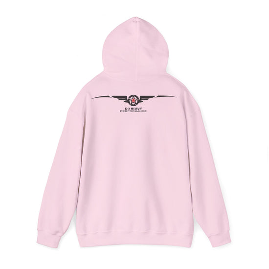 A light pink hoodie shown from the back, featuring a black and red winged logo with the text 'CO HART PERFORMANCE' printed on the upper back.