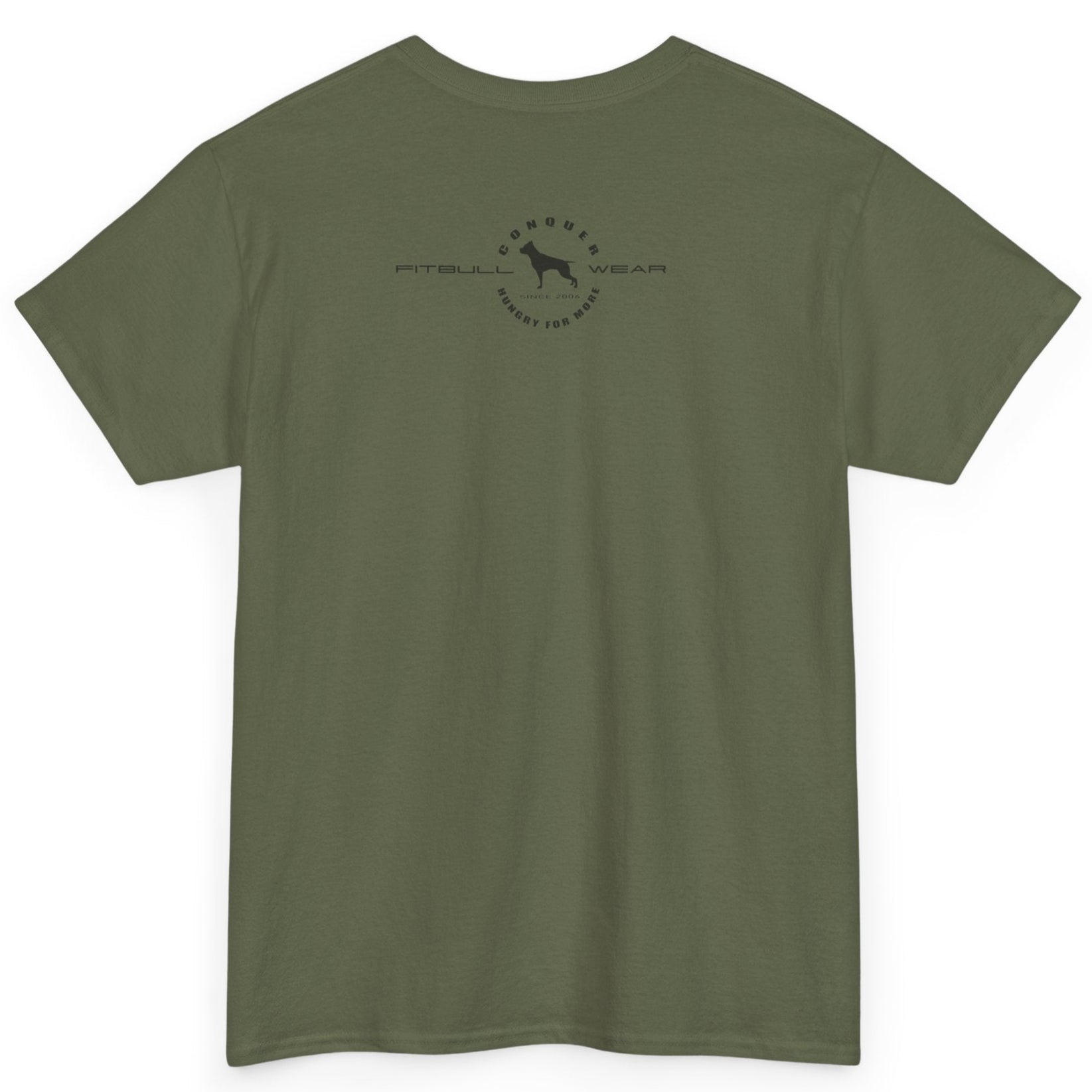 Green t-shirt with a small logo on the back against a white background