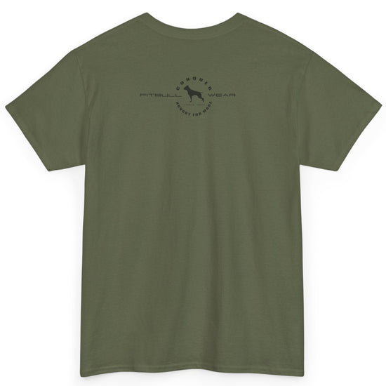 Green t-shirt with a small logo on the back against a white background