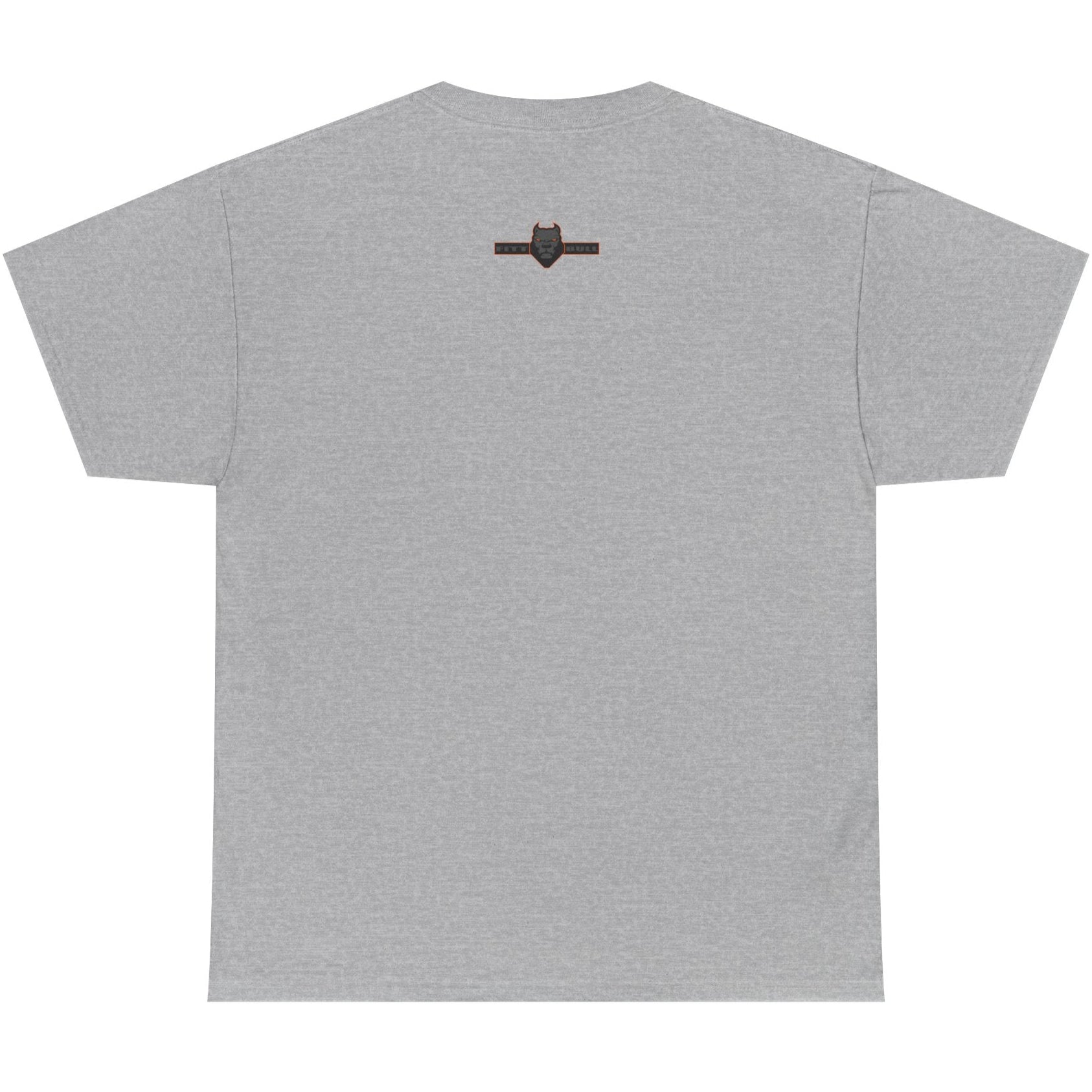 Gray t-shirt with a small logo on the back against a white background