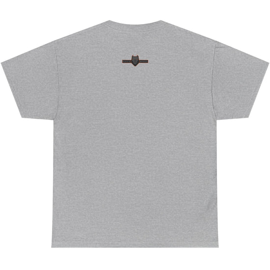 Gray t-shirt with a small logo on the back against a white background