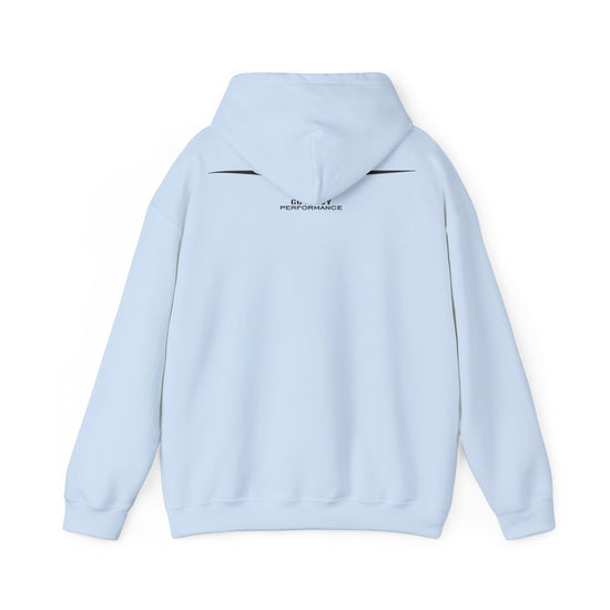 Light blue hoodie with a brand logo on the back against a white background