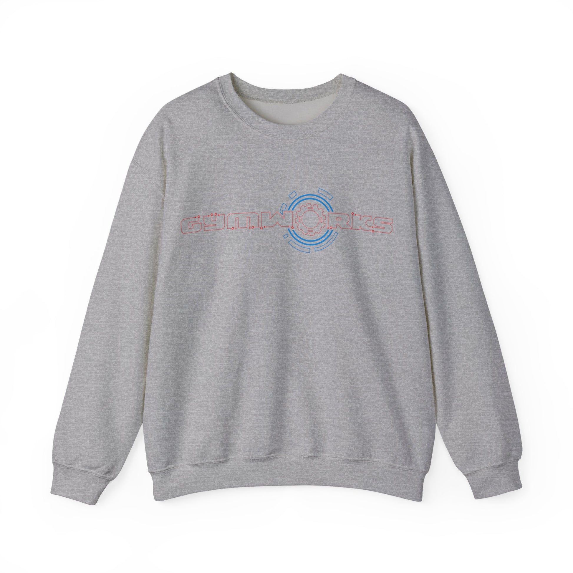 Gray Gymworks sweatshirt with a logo on a white background