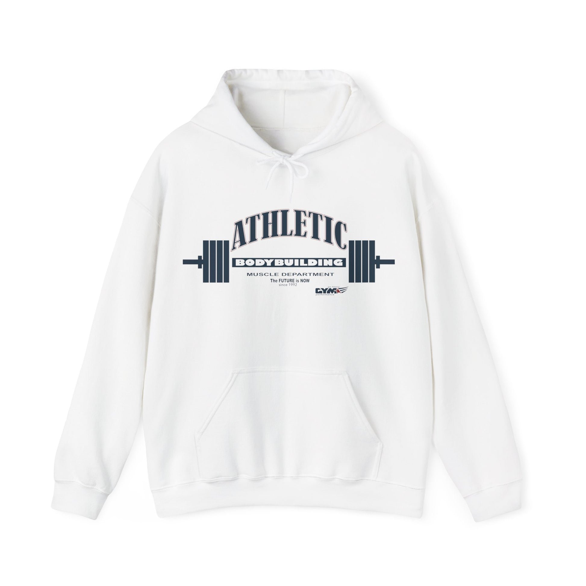 White Gymstar athletic hoodie with 'Athletic' text and barbell graphic on a white background