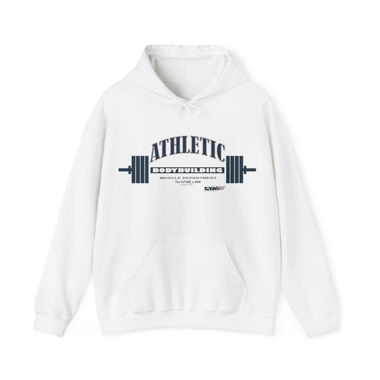 White Gymstar athletic hoodie with 'Athletic' text and barbell graphic on a white background