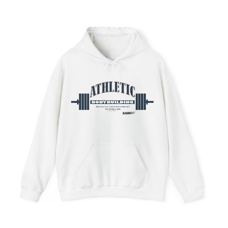 White Gymstar athletic hoodie with 'Athletic' text and barbell graphic on a white background