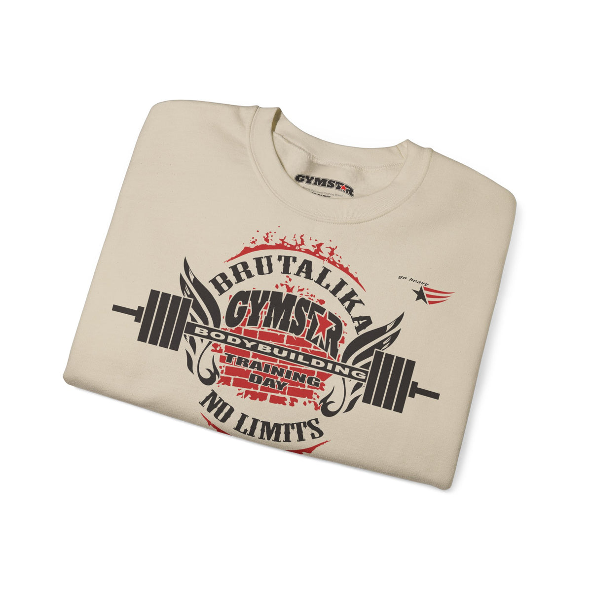 A folded beige crewneck t-shirt with a bold graphic print on the front. The graphic features a barbell design with wings and distressed text reading 'BRUTALIKA GYMSEX 300 GYMS BUILDING WEAKNESS DAY NO LIMITS' in black and red.