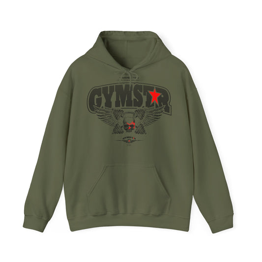 Gray GYMSTAR hoodie with a red logo on a white background