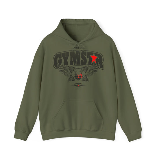 Gray GYMSTAR hoodie with a red logo on a white background