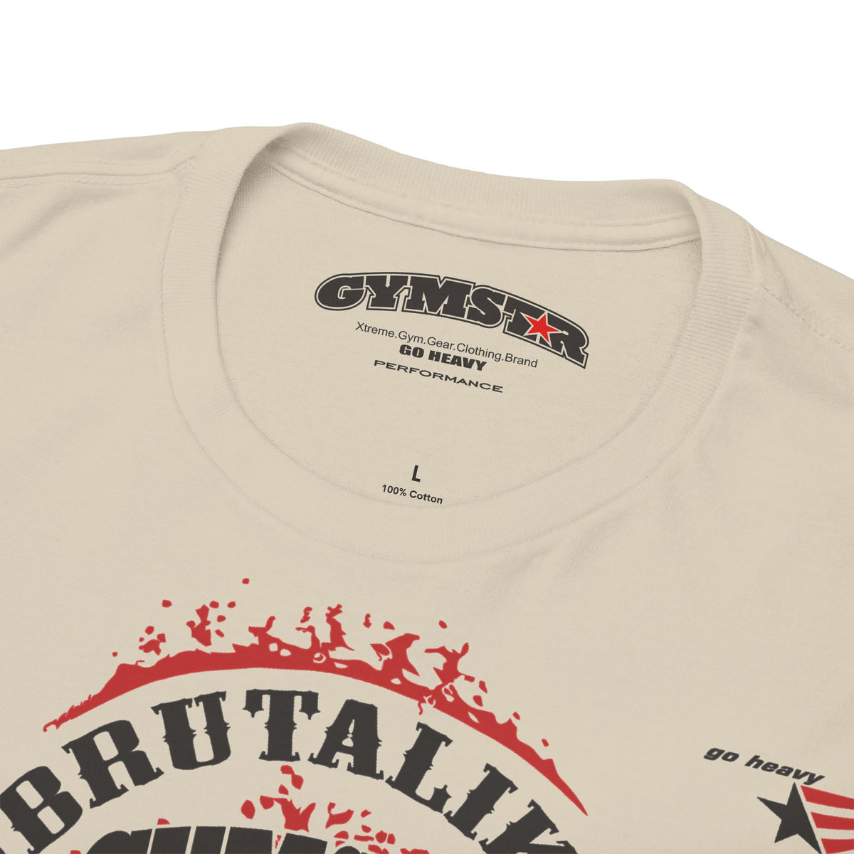 Close-up of a cream-colored Gymstar t-shirt showing the inner neck label and part of a red and black graphic print on the front.