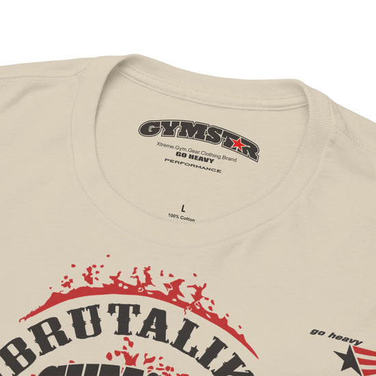 Close-up of a cream-colored Gymstar t-shirt showing the inner neck label and part of a red and black graphic print on the front.