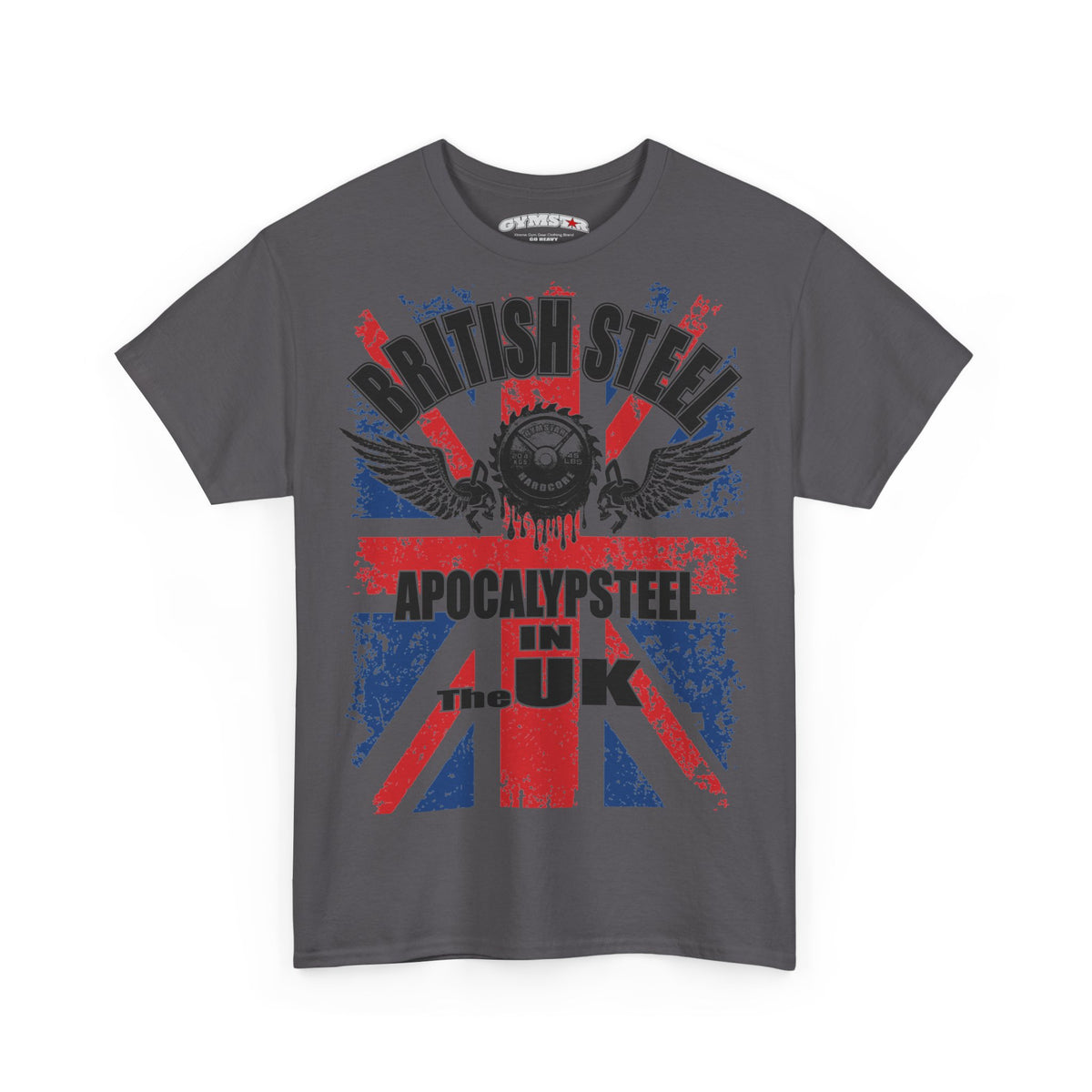 A dark gray short-sleeve t-shirt with a distressed Union Jack graphic in red and blue, featuring a skull and wings in the center. The text 'BRITISH STEEL' is arched above in black, and 'APOCALYPSTEEL IN THE UK' is printed below.