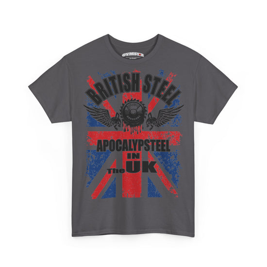 A dark gray short-sleeve t-shirt with a distressed Union Jack graphic in red and blue, featuring a skull and wings in the center. The text 'BRITISH STEEL' is arched above in black, and 'APOCALYPSTEEL IN THE UK' is printed below.