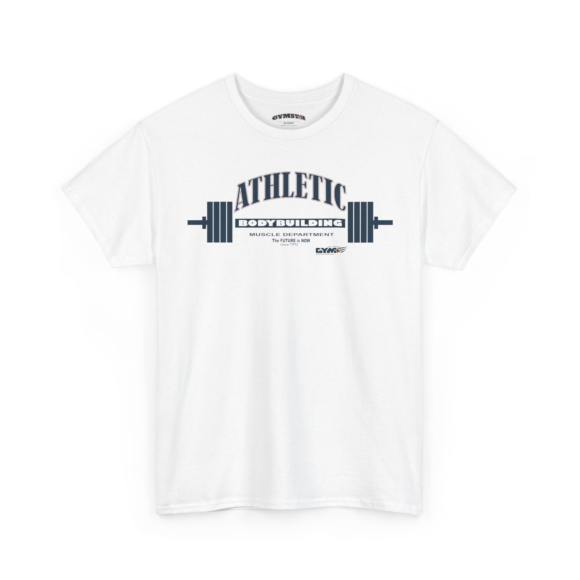 White Gymstar t-shirt with 'Athletic Bodybuilding' graphic on a white background