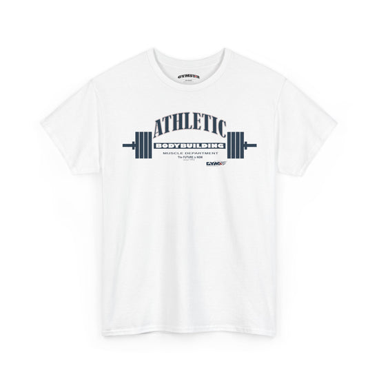 White Gymstar t-shirt with 'Athletic Bodybuilding' graphic on a white background