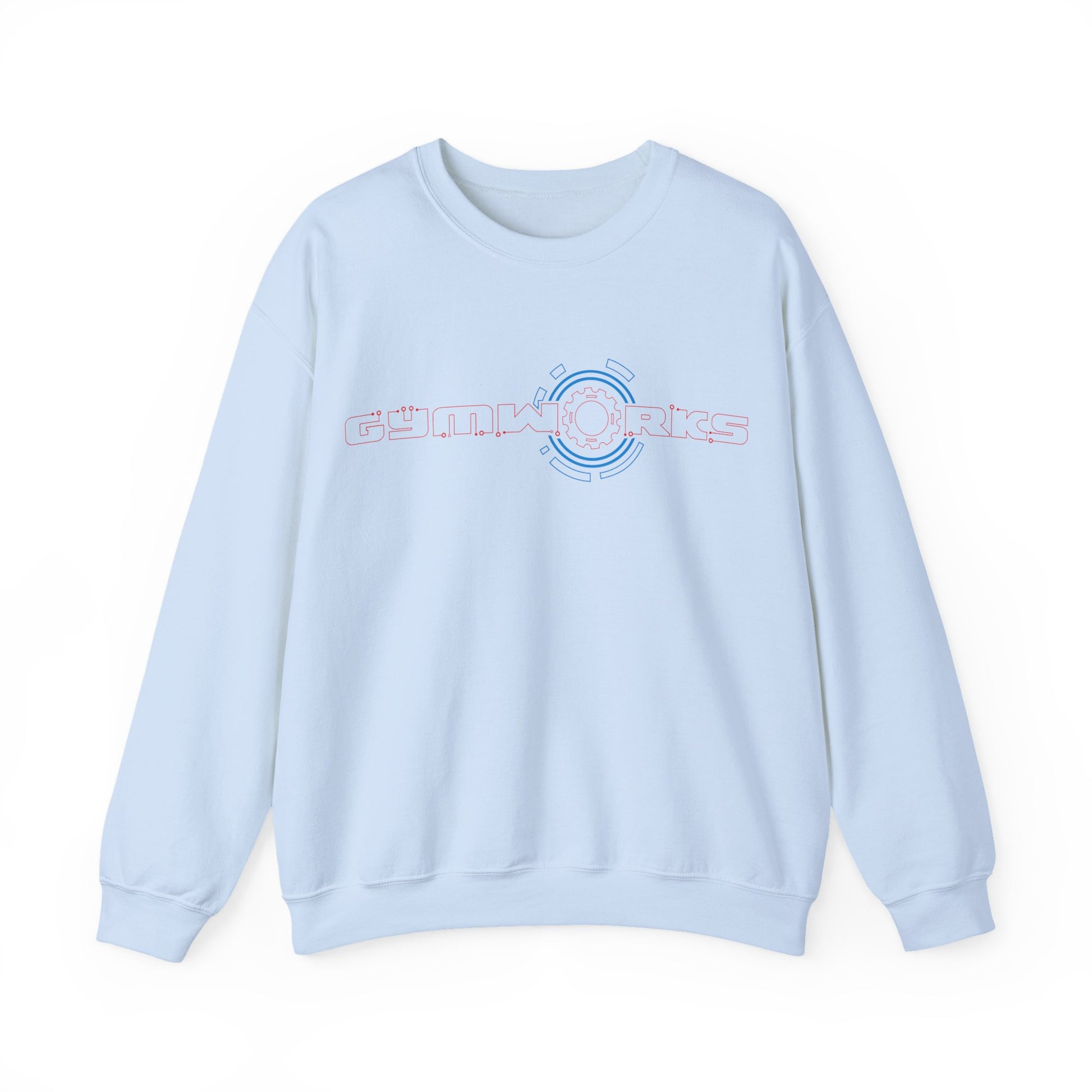 Light blue Gymworks sweatshirt with a logo on a white background