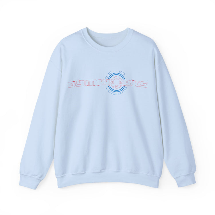Light blue Gymworks sweatshirt with a logo on a white background
