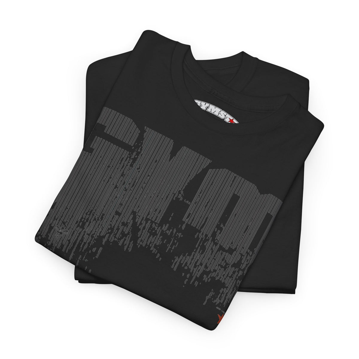 Folded black t-shirt with 'JOY. JOY. JOY.' text on a white background