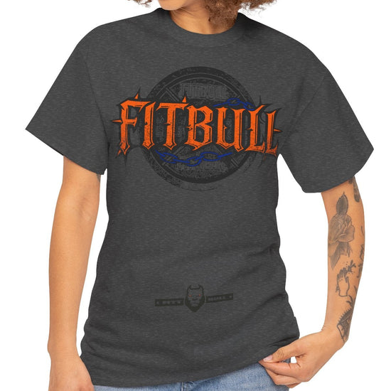 Woman wearing a dark gray t-shirt with a FITBULL graphic design on a white background