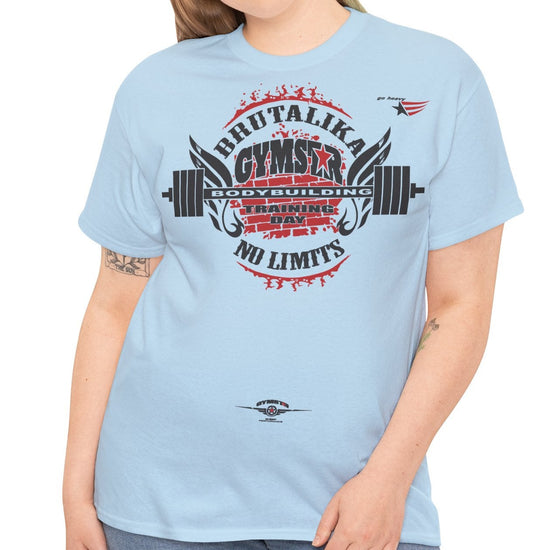 A woman modeling a light blue crewneck t-shirt with a 'BhrutaliKa Gymstar' graphic on the chest, paired with blue jeans, against a plain white background.
