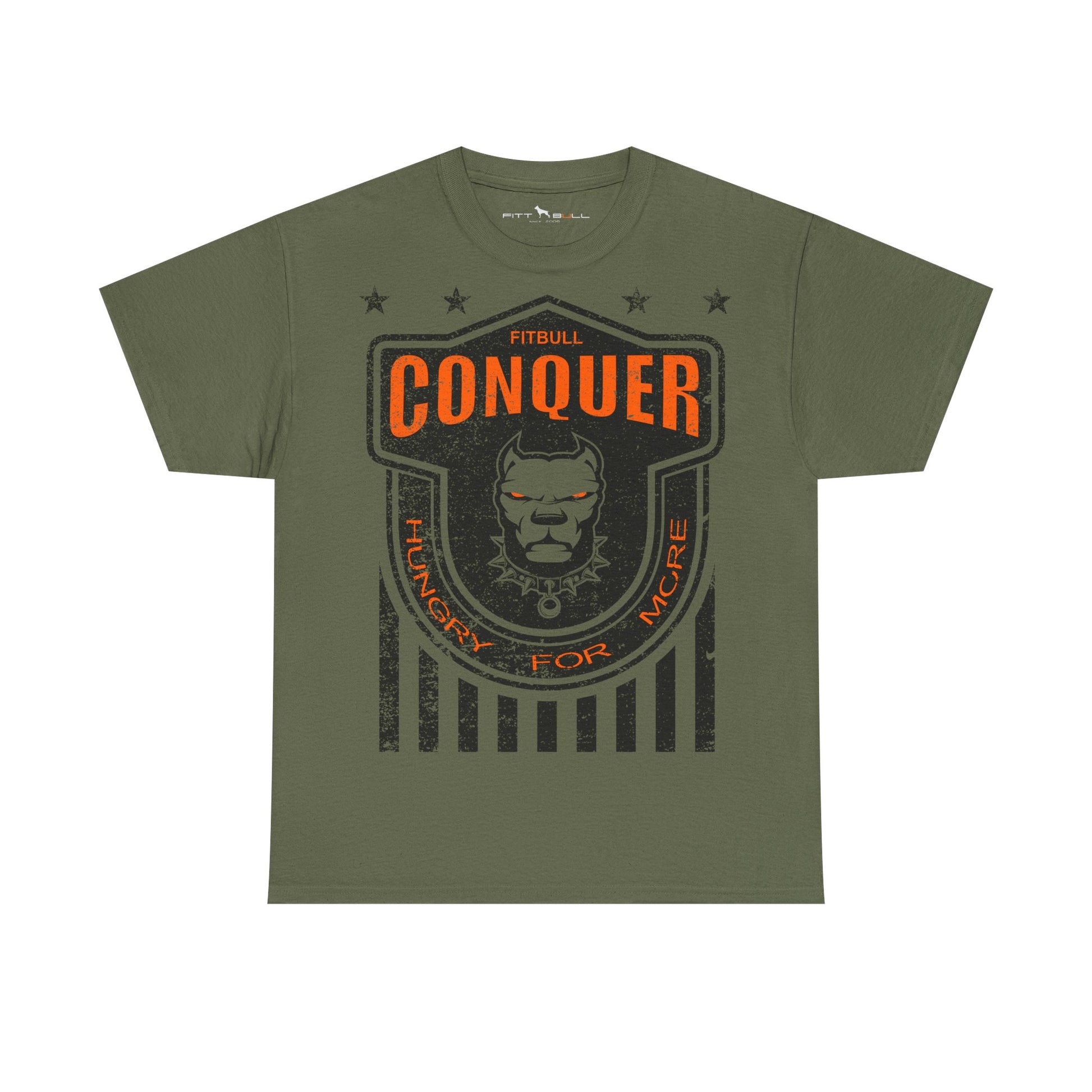Gymstar green t-shirt with 'Conquer' graphic design on a white background