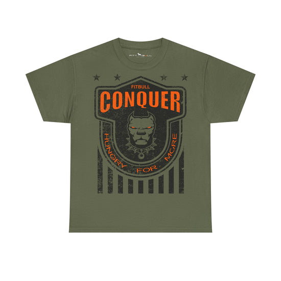 Gymstar green t-shirt with 'Conquer' graphic design on a white background