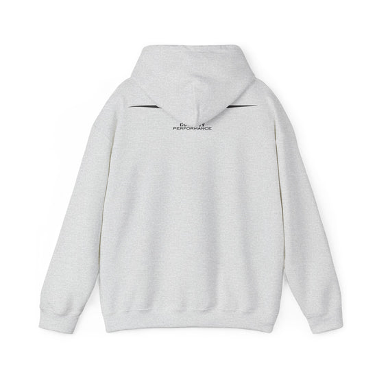 Beige hoodie with a graphic of hands holding roses on the back, on a white background