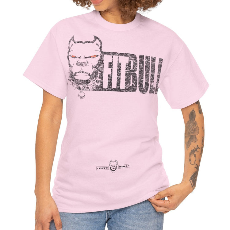 Woman wearing a pink t-shirt with a graphic of a woman's profile and 'Fitbull' text on a white background