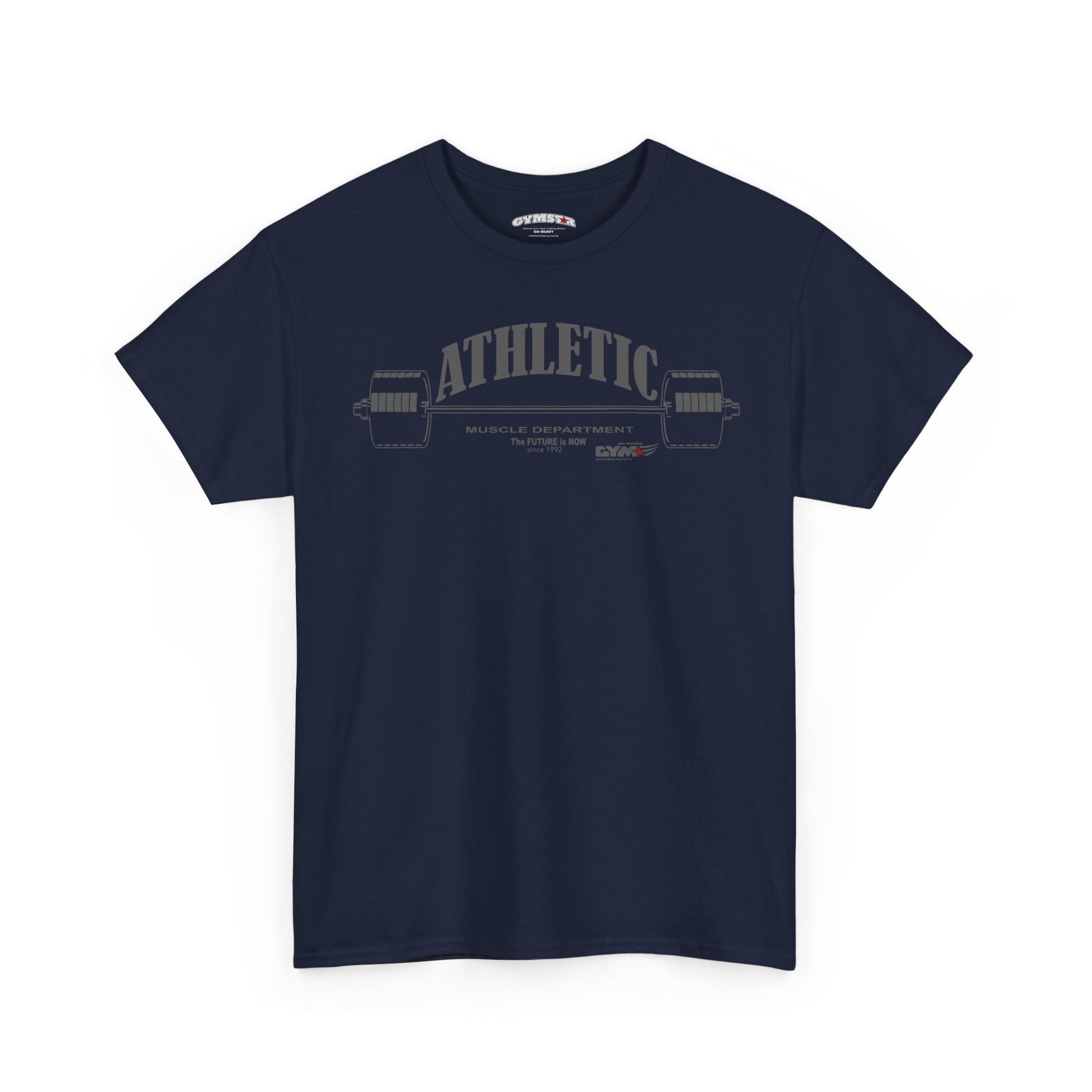 Navy blue Gymstar t-shirt with yellow text and graphic on a white background
