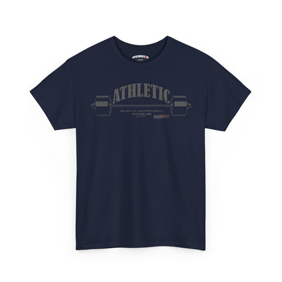 Navy blue Gymstar t-shirt with yellow text and graphic on a white background
