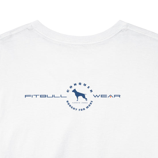WhiteFITBULL fitness t-shirt with blue logo and text on a white background