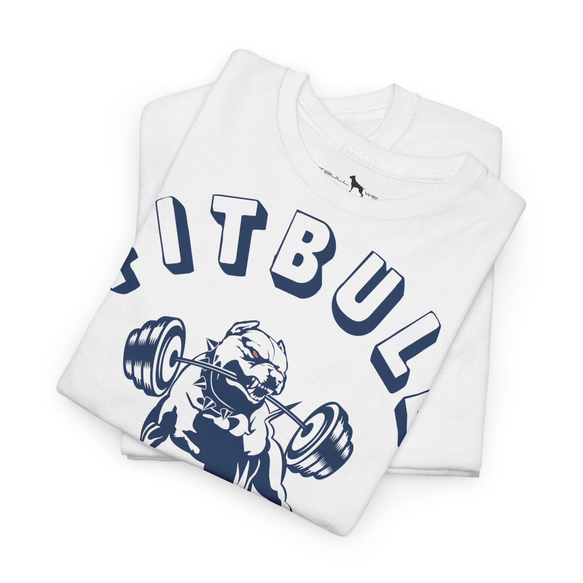 White FITBULL fitness t-shirt with blue graphic design on a white background