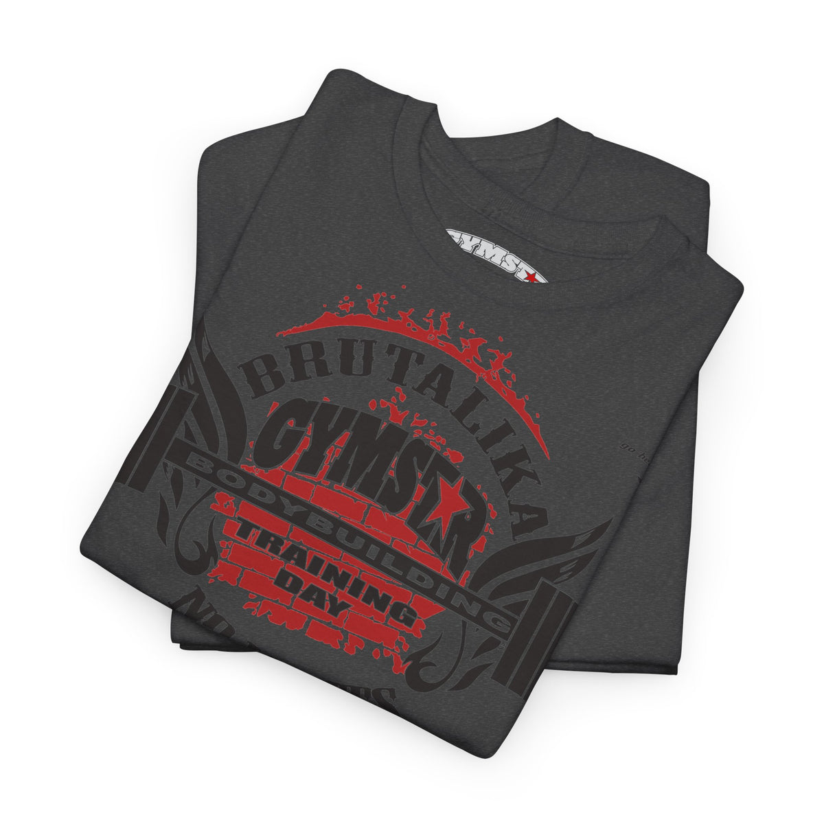 A folded dark gray t-shirt with a red and black graphic print reading 'BRUTALIKA Gymstar Building Training Day' on a white background.