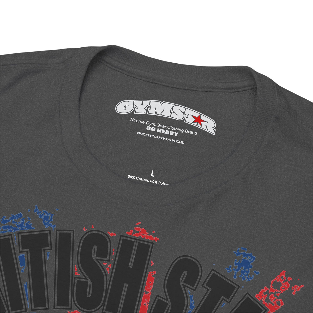 Close-up of a dark gray t-shirt showing the inner neck label with 'GYMSTAR' branding and the top of a graphic print in black, red, and blue.