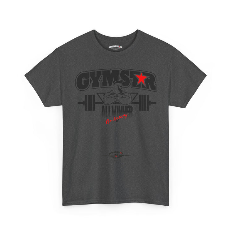Gray t-shirt with 'GYMSTAR' graphic design on a white background