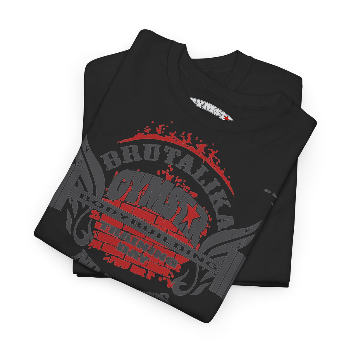 A folded black t-shirt with a distressed red and gray graphic on the front, featuring the text 'BRUTALITY CYMBAL BODYBUILDING MEMBERSHIP' and a winged design, set against a plain white background.