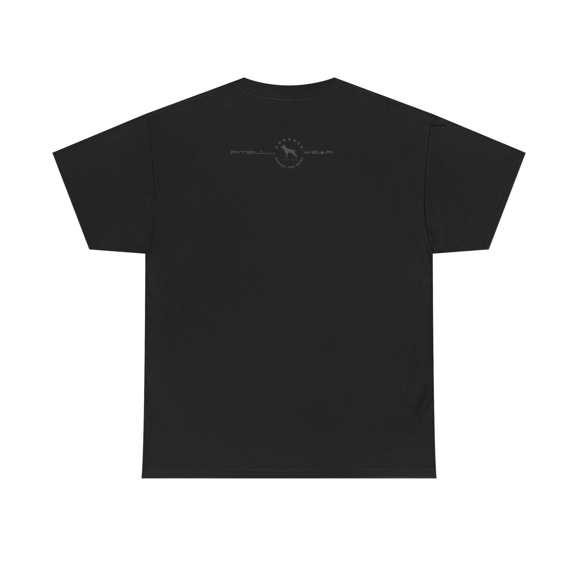 Black FITBULL fitness t-shirt with a small white logo on the back against a white background