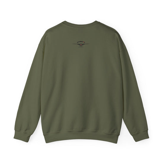 An olive green crewneck sweatshirt shown from the back, laid flat against a solid white background.