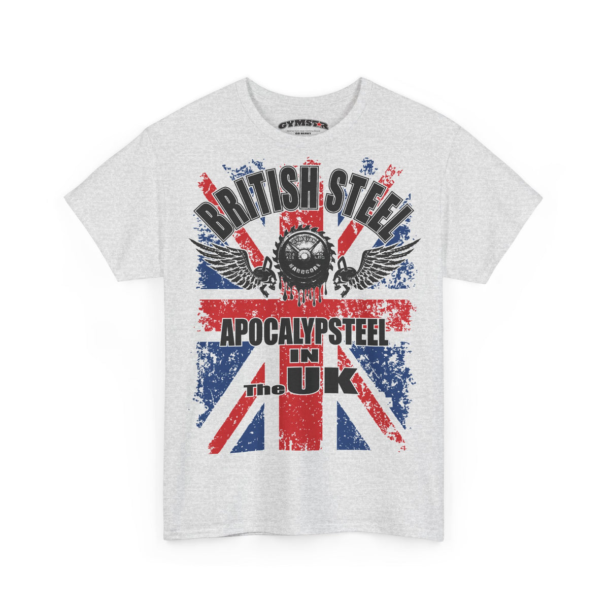 A light heather gray short-sleeve t-shirt with a distressed red, white, and blue Union Jack graphic on the front. The graphic features the text 'BRITISH STEEL', 'APOCALYPSE STEEL', 'IN THE UK', and a central skull and wings emblem.