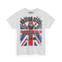 A light heather gray short-sleeve t-shirt with a distressed red, white, and blue Union Jack graphic on the front. The graphic features the text 'BRITISH STEEL', 'APOCALYPSE STEEL', 'IN THE UK', and a central skull and wings emblem.
