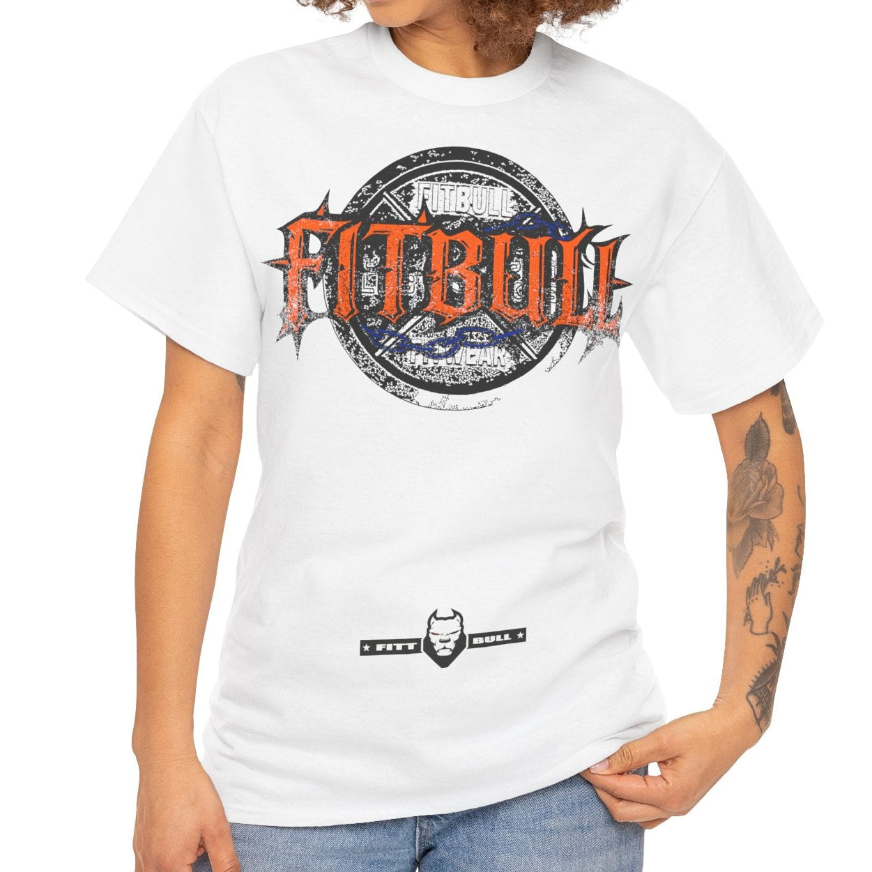 Woman wearing a white t-shirt with a FITBULL design and text on a white background