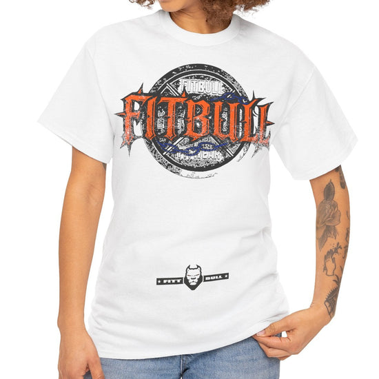 Woman wearing a white t-shirt with a FITBULL design and text on a white background