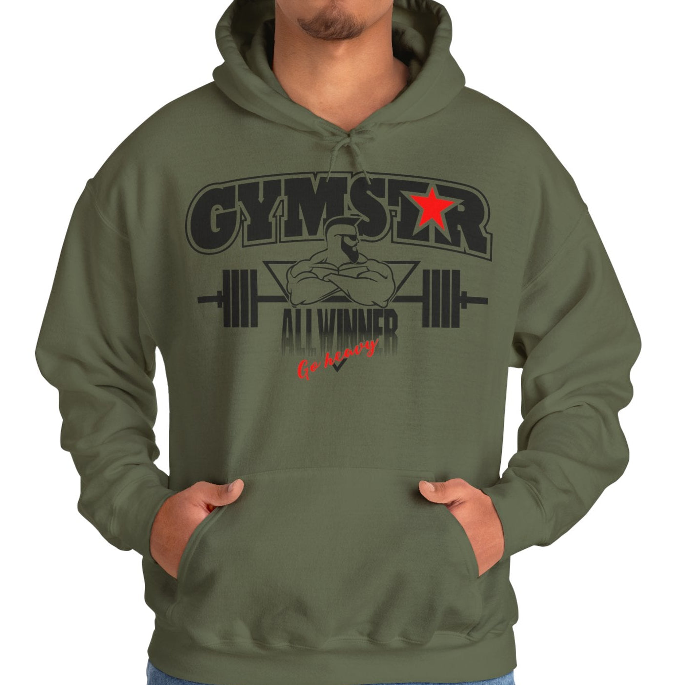 Person wearing a green Gymstar hoodie with a graphic design on a white background